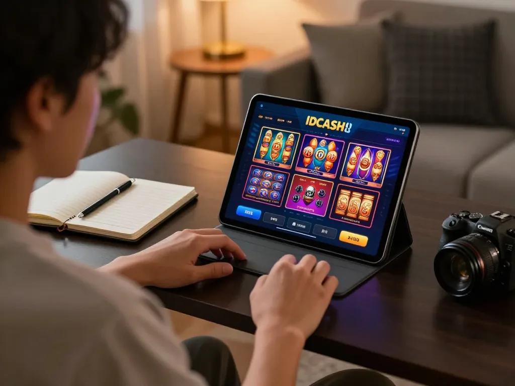 Engaging with IDCASH 88 app for online gaming while tracking strategies in a cozy home setting.