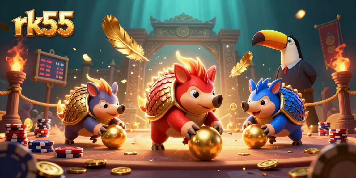 Experience exciting games with rk55 in this dynamic illustration of rival pangolins competing in a vibrant casino arena.