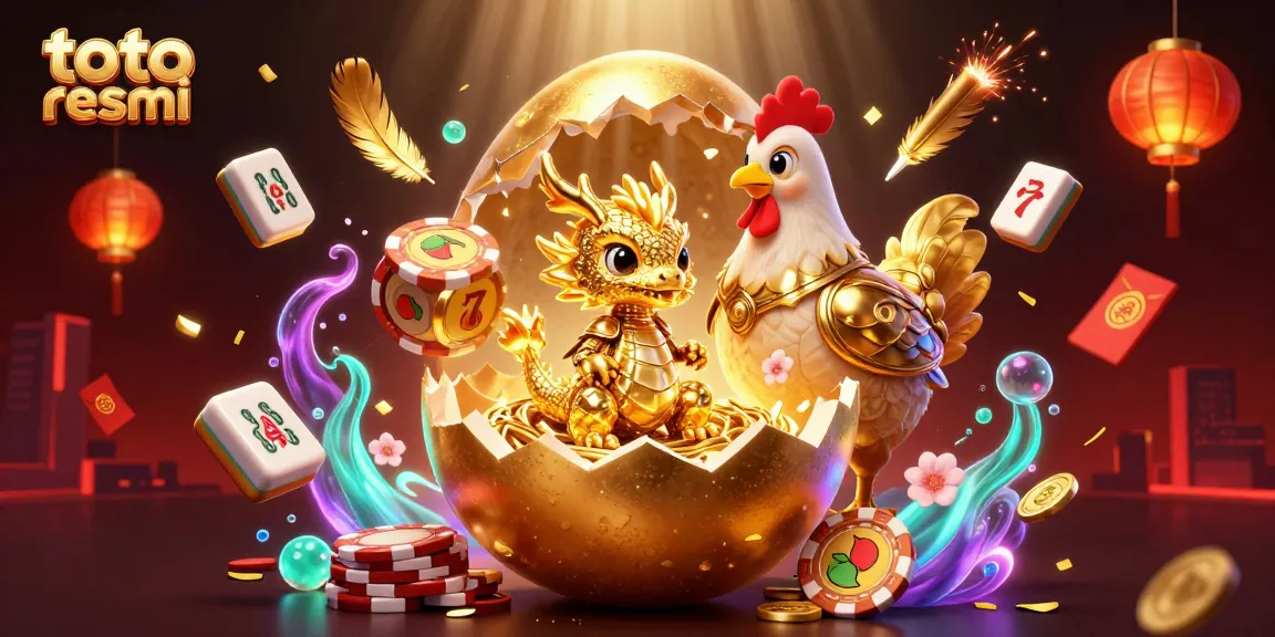 Ilustrasi 3D dari toto resmi yang menampilkan telur emas raksasa yang retak, dibuka untuk mengungkapkan naga bayi yang terbuat dari emas, dikelilingi oleh chip poker.