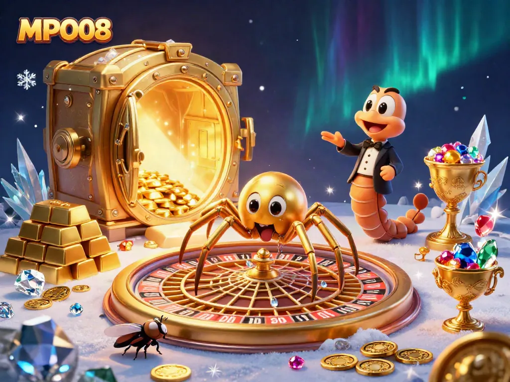 MPO08 spider spins a golden roulette web as a fly bets nervously, showcasing thrilling casino elements.