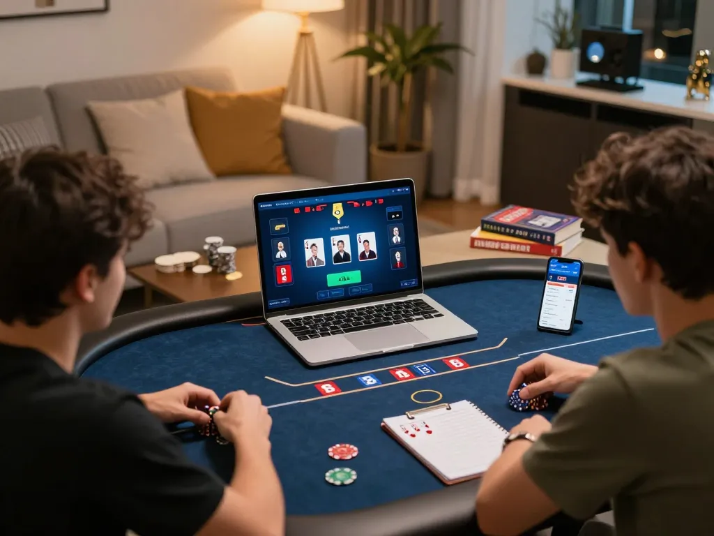 Interaksi menarik pengguna bermain poker jalatogel online di laptop di ruang tamu yang nyaman, menyoroti permainan strategis.
