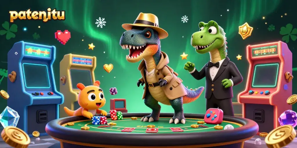 Patenjitu memperlihatkan seorang velociraptor mengintip di meja blackjack sambil dicekal pit boss stegosaurus, menciptakan suasana kasino yang menarik.