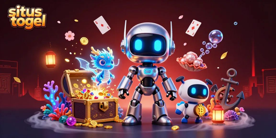 Engage with situs togel excitement through vibrant 3D illustration showcasing a robotic mascot and holographic companions.