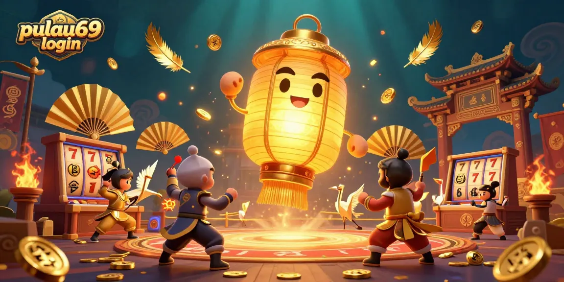 Engage with the pulau69 login vibrant gaming scene featuring a golden lantern spirit and energetic game elements.