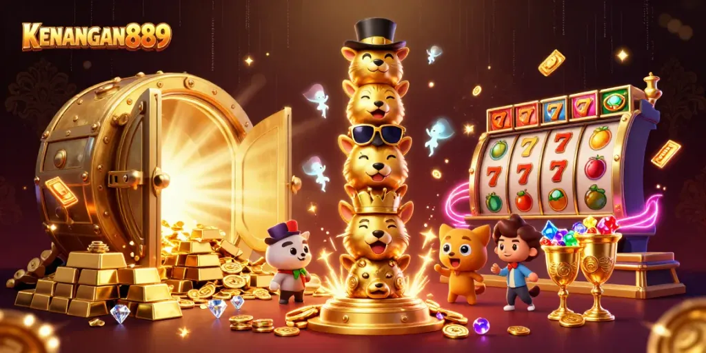 Experience KENANGAN889 with vibrant casino visuals featuring rich gold, slots, and dynamic game elements.