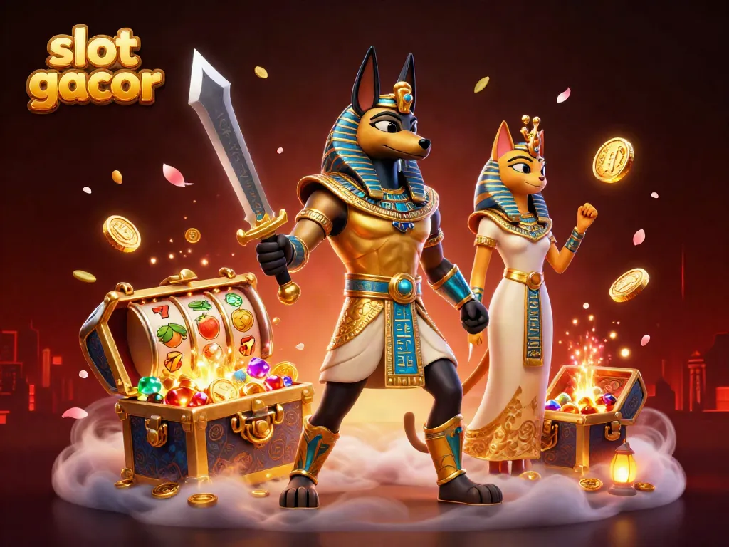 Experience the thrill of slot gacor with Anubis and Bastet amid a vibrant casino scene filled with gems, coins, and dynamic game elements.