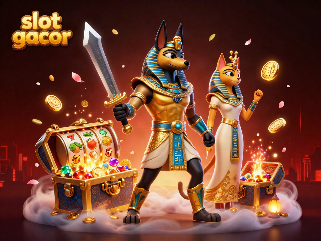 Experience the thrill of slot gacor with Anubis and Bastet amid a vibrant casino scene filled with gems, coins, and dynamic game elements.