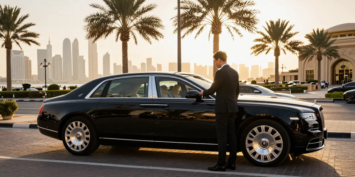 LUXURY 777 tampak di rental mobil mewah di Dubai dengan latar belakang kota yang glamor.
