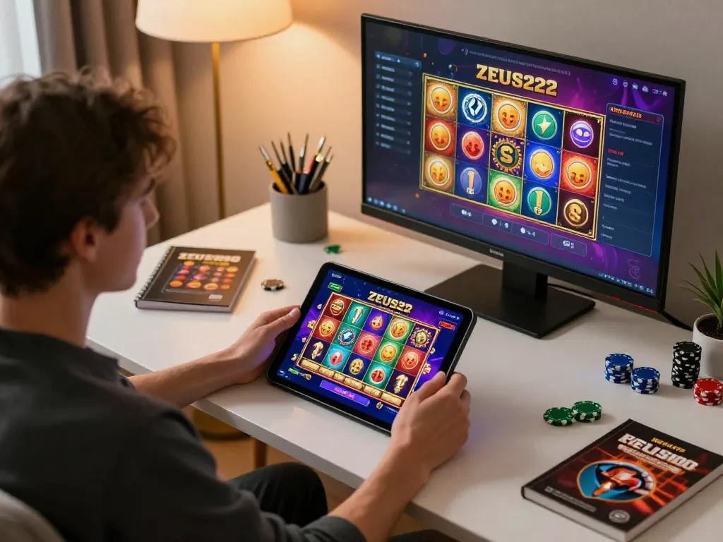 Engaging online gaming session with ZEUS222 slot interface displayed, capturing the excitement of gambling.