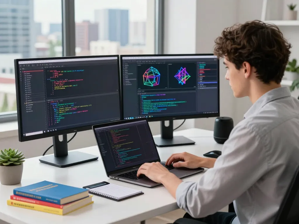 Dynamic developer at modern workspace coding with crush ai on dual monitors in vibrant tech environment.