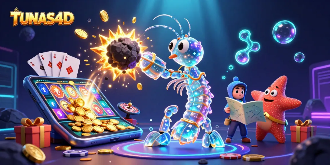 Engage with TUNAS4D as the galactic samurai mantis shrimp punches through an asteroid, scattering gold coins.