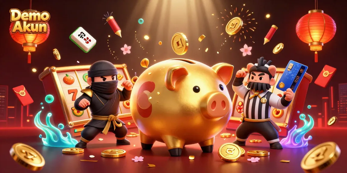 Engage with Demo Akun as a golden piggy bank warrior triumphs surrounded by rich casino elements.