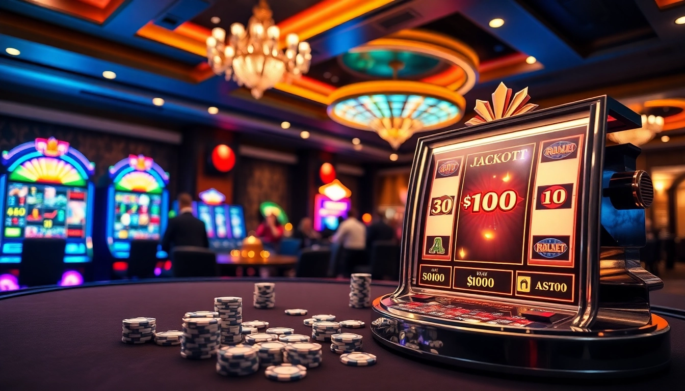 Engaging casino scene showcasing slot bonus new member excitement with vibrant machines and chips.