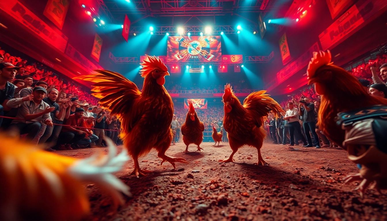 Exciting chicken fighting action at XX88 arena with vibrant crowds.