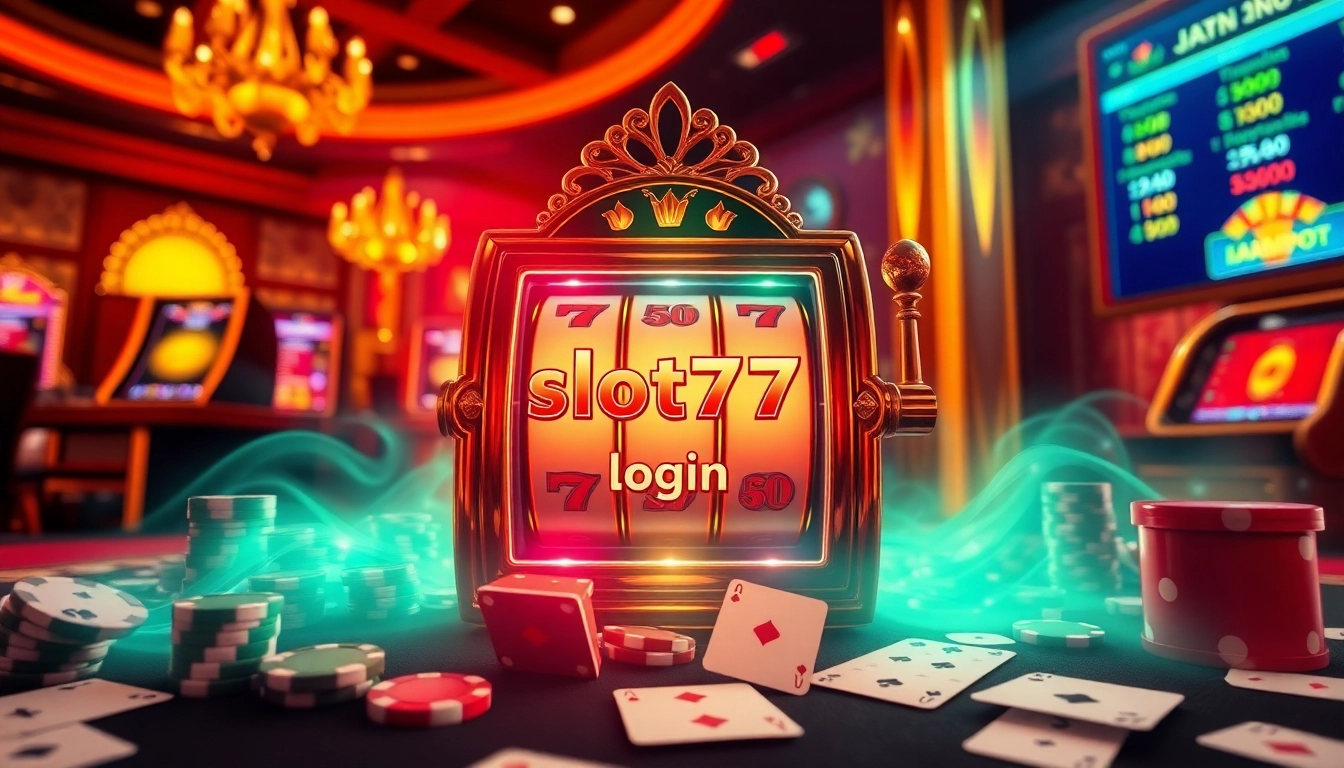 Engage with slot777 login at a luxurious casino scene featuring vibrant colors and exciting gambling elements.