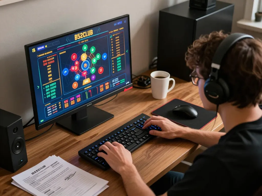 B52CLUB online gaming setup with vibrant visuals on screen and personalized strategy notes.