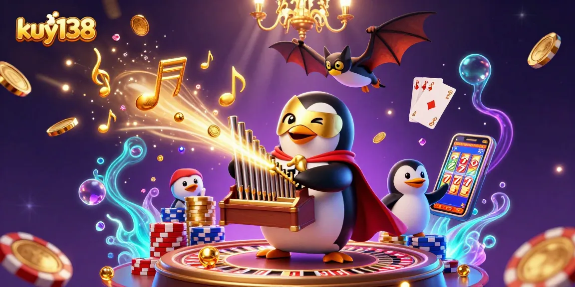 Kuy138 menampilkan penguin opera hantu bermain organ yang memancarkan koin emas di tengah suasana kasino magis
