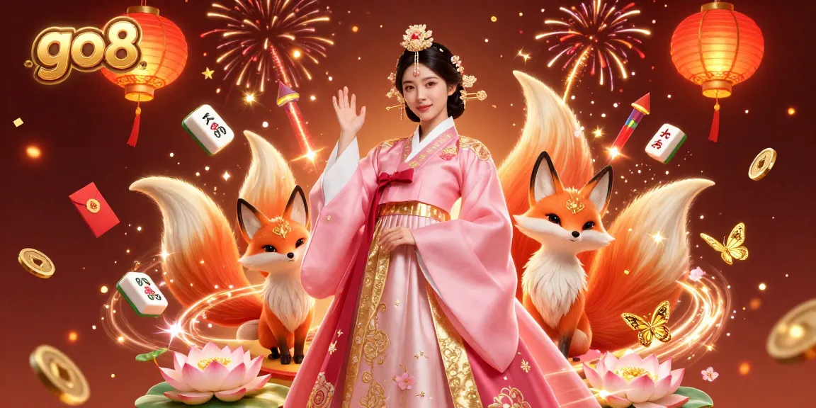Experience gaming magic at go8 with a graceful Asian woman and a lucky fox surrounded by vibrant casino elements.
