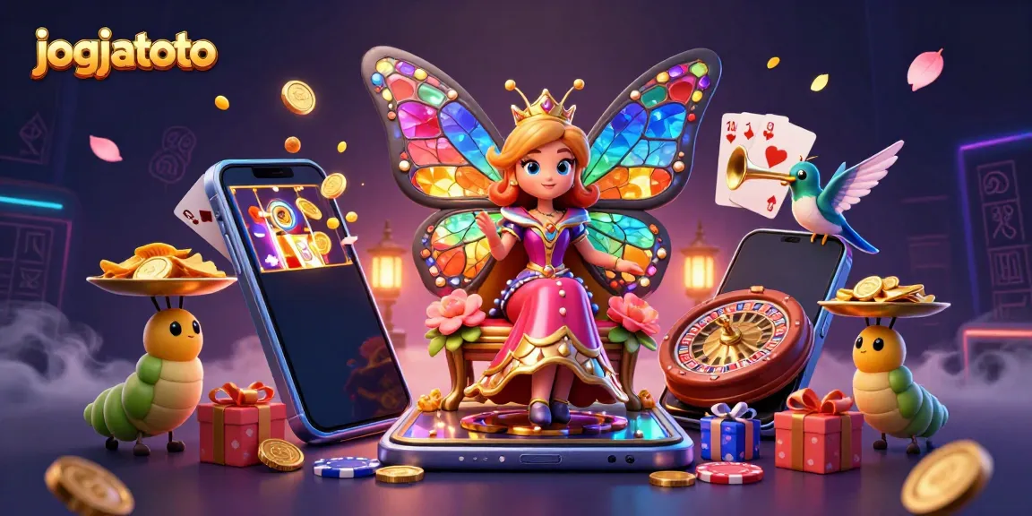 Experience the vibrant fantasy world of jogjatoto with a butterfly queen, slots, and dazzling game elements.