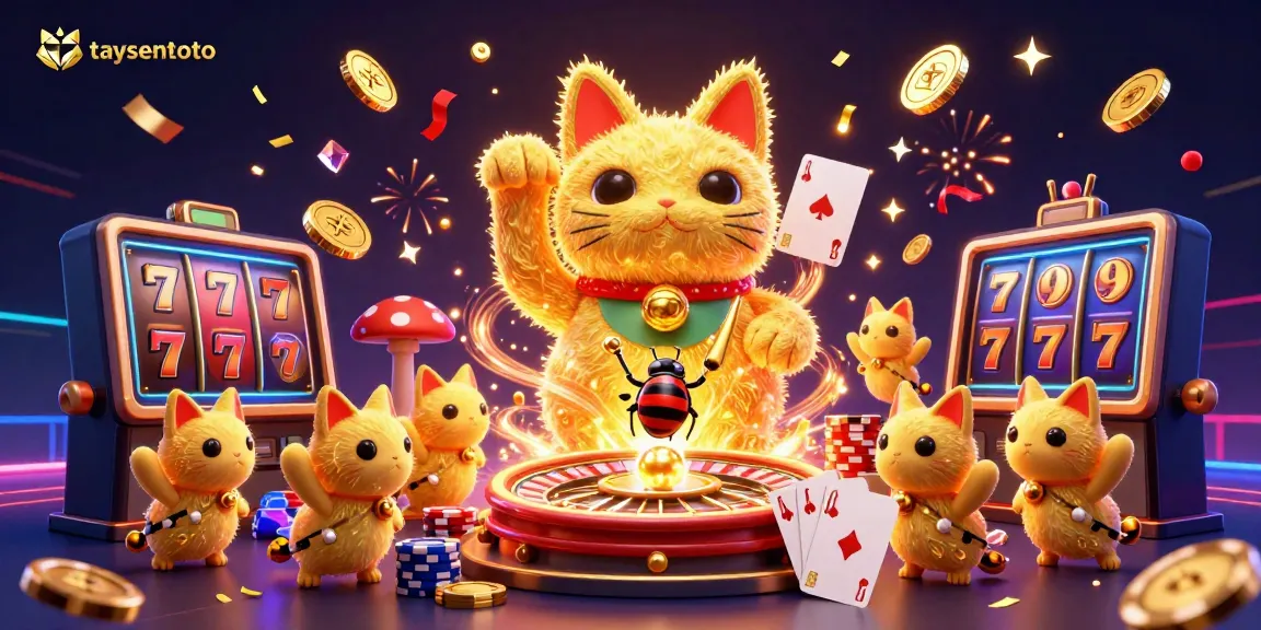 Engage with taysentoto's thrilling casino world through this vibrant 3D illustration featuring a lucky cat and casino elements.