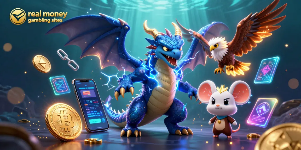 Experience real money gambling sites with a powerful 3D dragon, hawk, and thunder mouse amidst crypto elements.