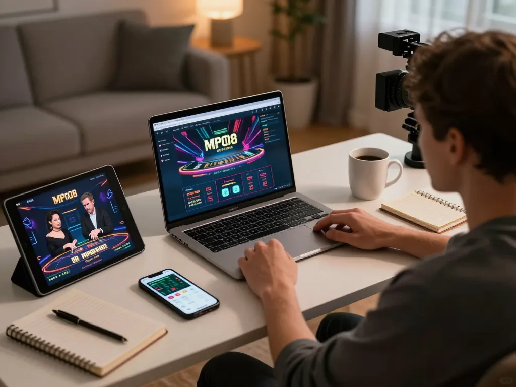 Engage with exciting gameplay on MPO08 Link from a cozy home gaming setup featuring a laptop.