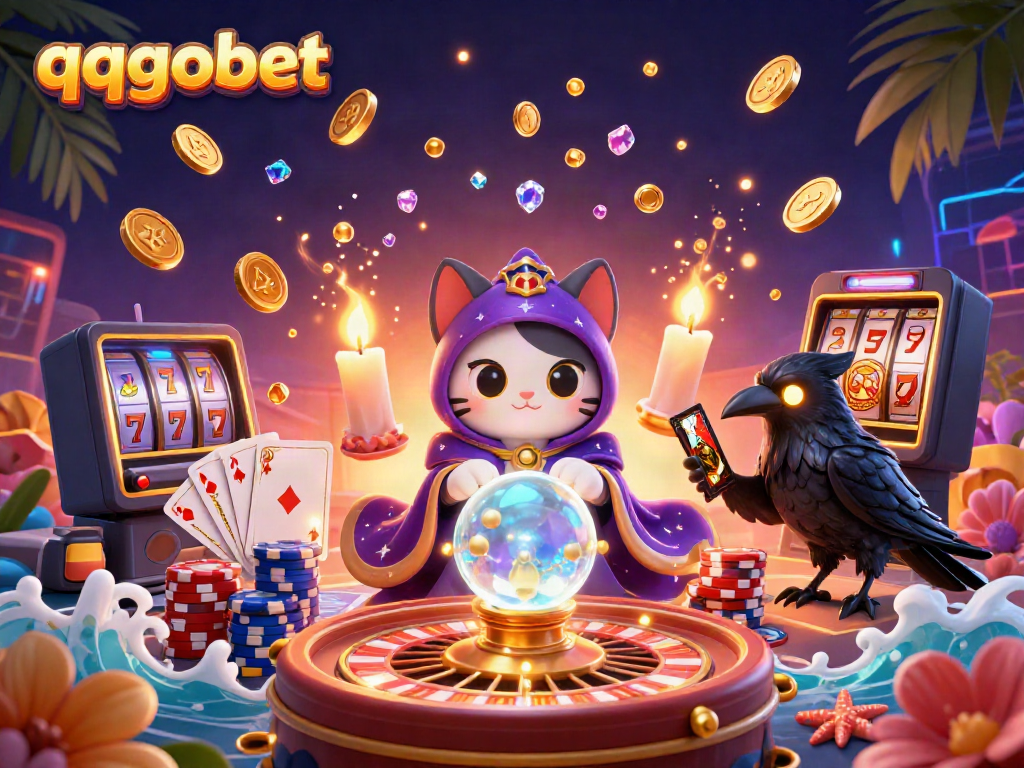 Engage with the thrilling visuals of qqgobet featuring a mystical casino scene with dynamic gaming elements.