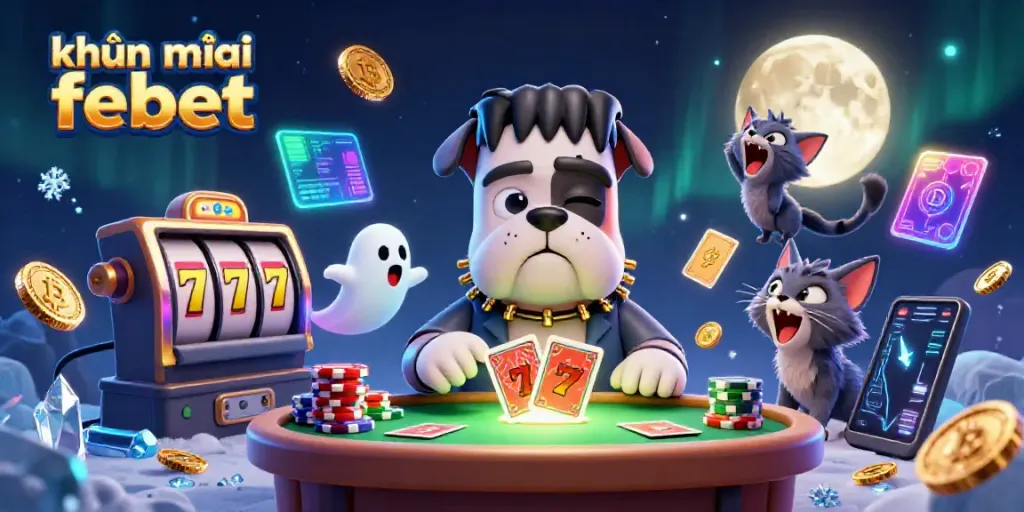 Engaging illustration of khuyến mãi febet featuring a Frankenstein bulldog dealing cards at a spooky table with crypto elements.