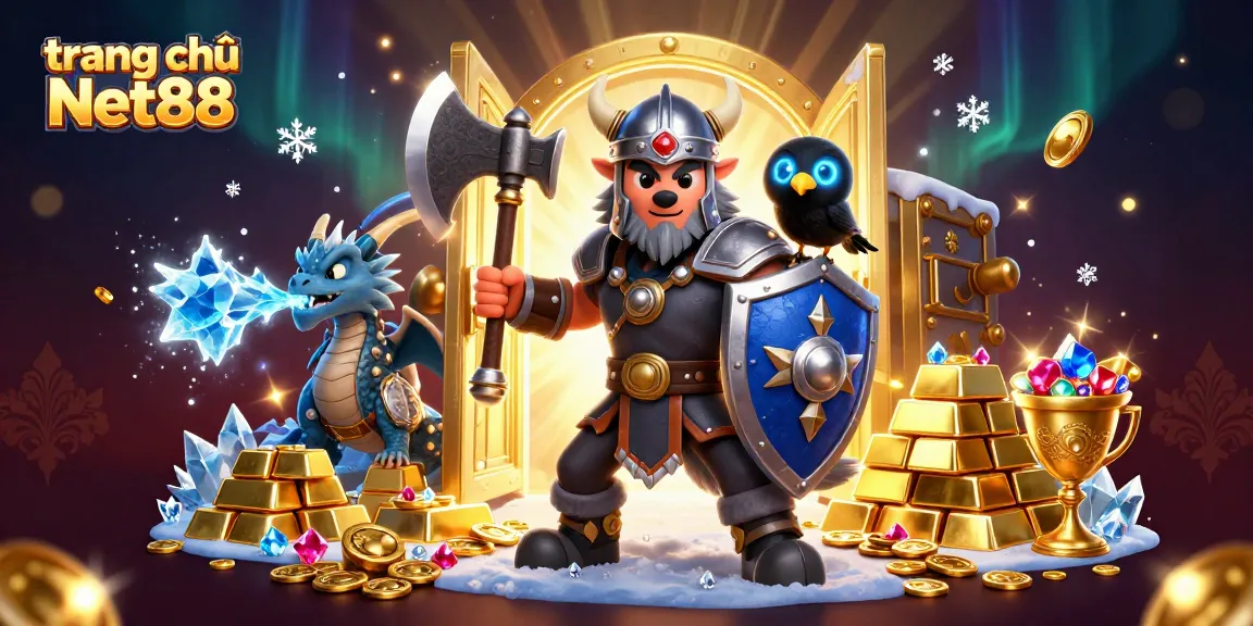 Place bets on the exciting trang chủ Net88 platform, featuring heroic Viking warriors and treasure elements.