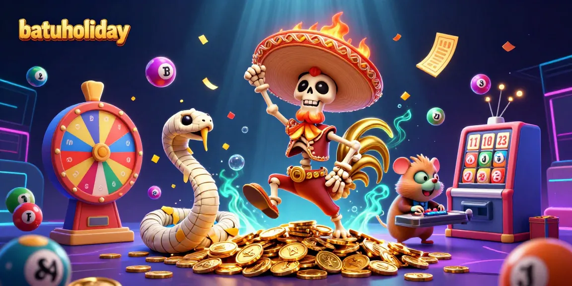 batuholiday showcases a vibrant online casino scene with playful characters dancing amidst colorful gambling elements.
