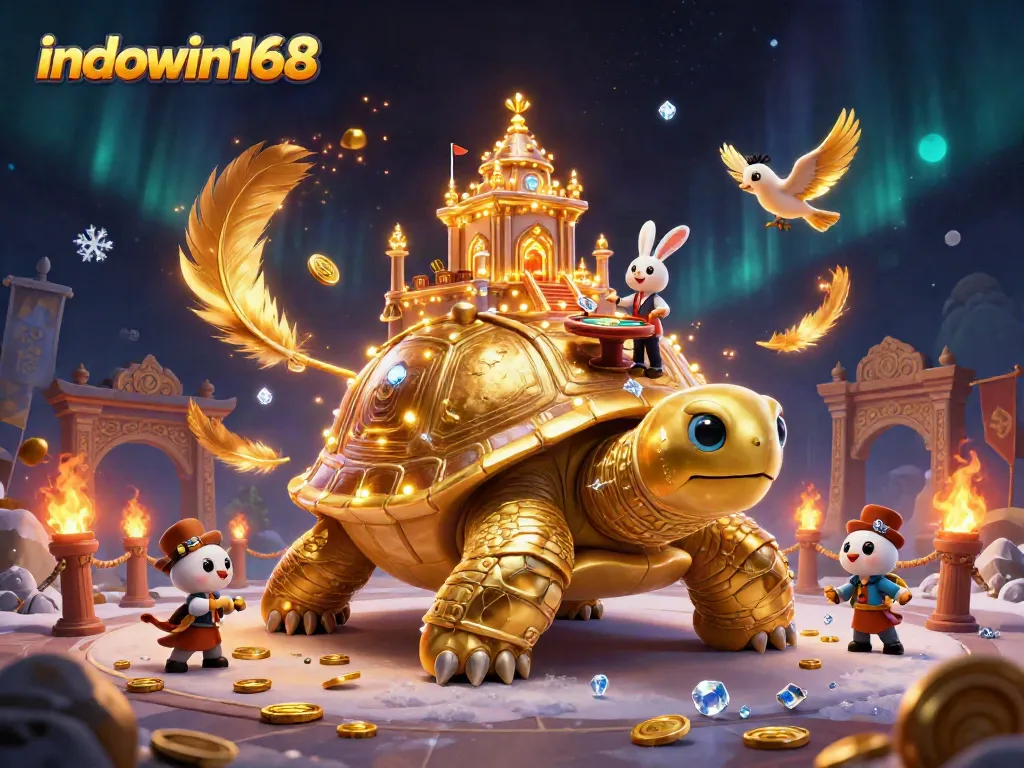 Spin and win with indowin168 in a vibrant casino scene, featuring a golden tortoise and captivating elements.