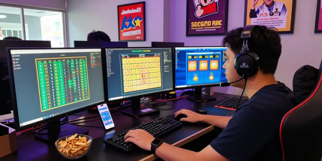Man engaged in online gambling, focused on jebolwd togel lottery games on multiple screens.
