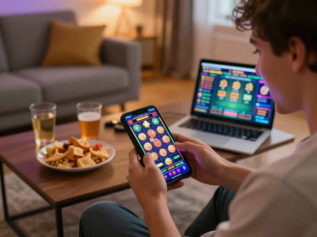 Pemain menikmati permainan slot online AHHA4D di ruang tamu yang nyaman dengan suasana ceria.