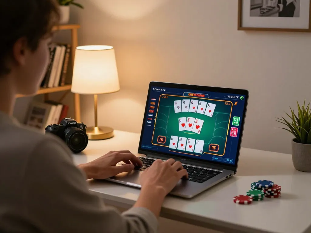 User engaged in online casino gaming on laptop, focusing on lc88 poker interface in a cozy home setup.