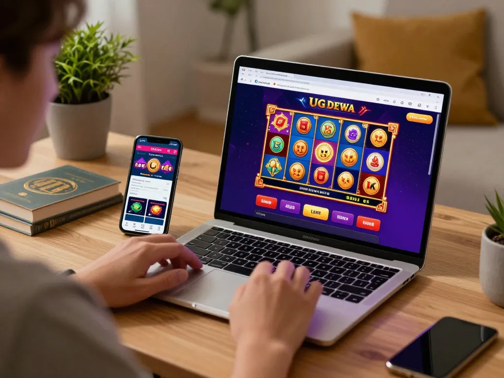 Engaging online gaming setup with UG DEWA slot games on laptop and live betting app