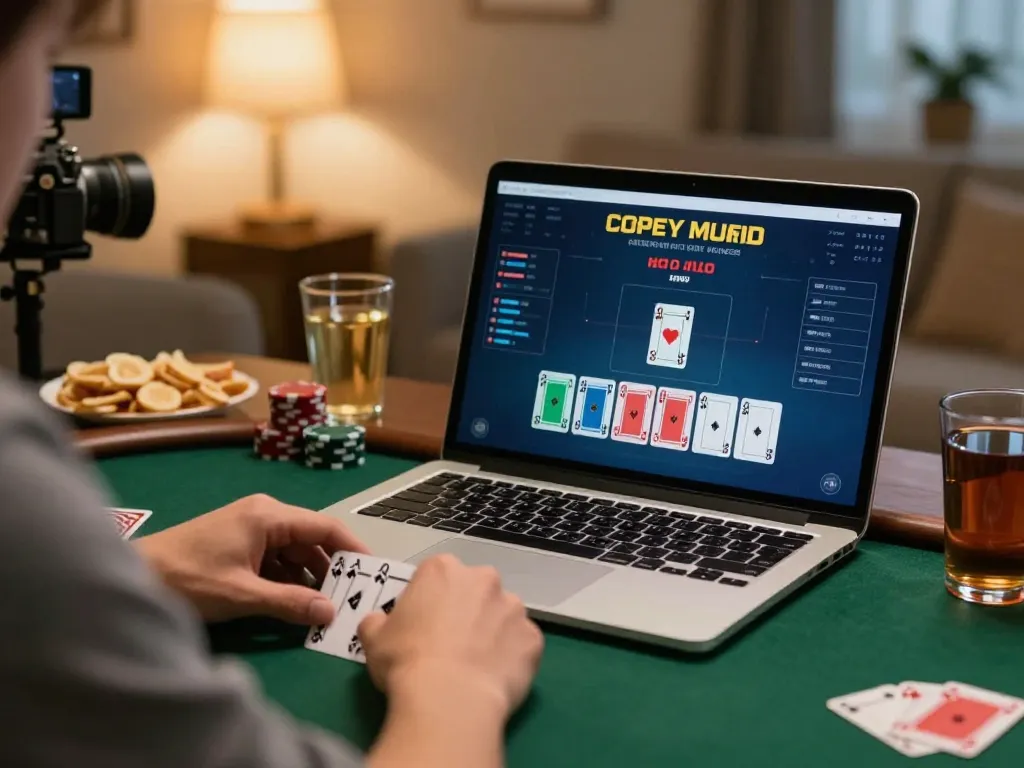 Playing poker online while registering for DAFTAR IDNSCORE, showcasing a strategic betting moment in a cozy home setting.