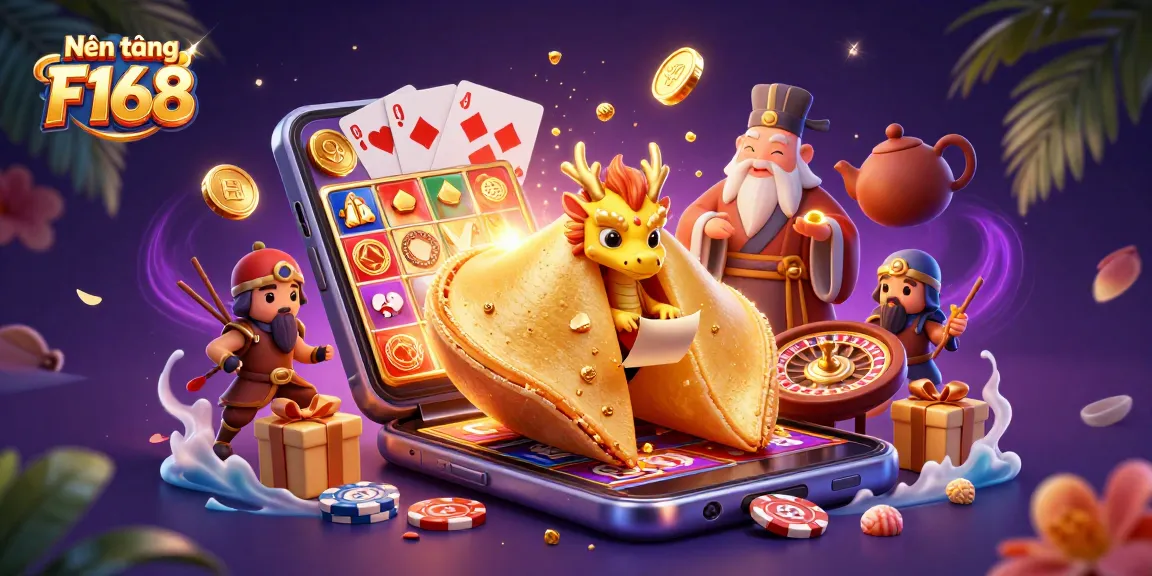 Engage with Nền tảng F168, where a golden cookie and dragon reveal thrilling gambling insights!