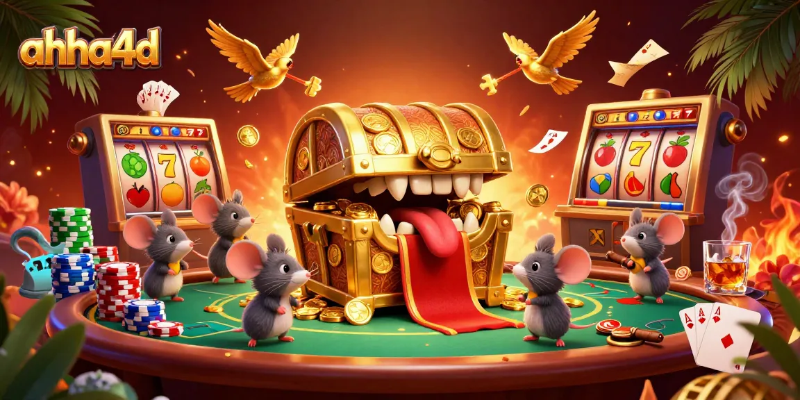 Experience the dynamic slot action with ahha4d's colorful treasures and winning symbols in a vibrant casino scene.