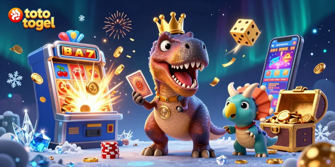 Toto togel menawarkan kesempatan menarik dengan dinosaurus bermain kartu dan chip emas berserakan.
