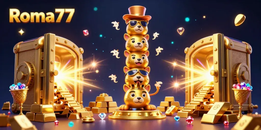 Engage in exciting gameplay with Roma77, a vibrant casino scene illustrating dynamic gaming elements and rich treasures.
