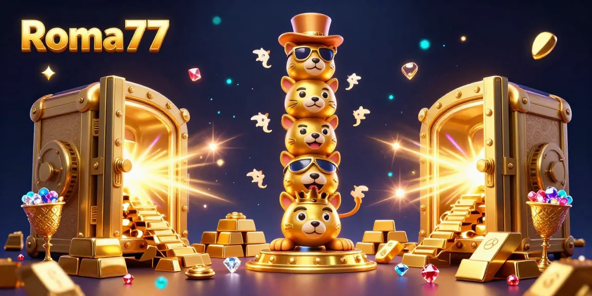 Engage in exciting gameplay with Roma77, a vibrant casino scene illustrating dynamic gaming elements and rich treasures.