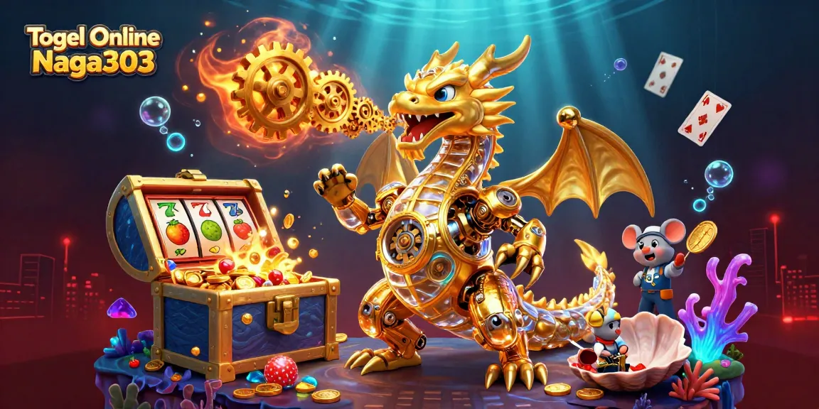Togel Online Naga303 offers exciting slots with a golden dragon amidst treasures and vibrant game elements.