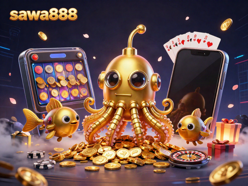 Experience thrilling gaming with sawa888 featuring a golden kraken hybrid amidst gold coins and casino elements.