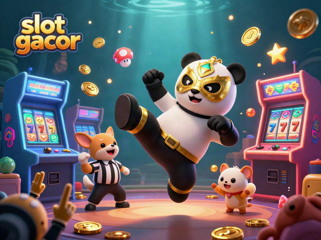 Experience "slot gacor" fun as a panda performs a flying kick in a lively casino scene.