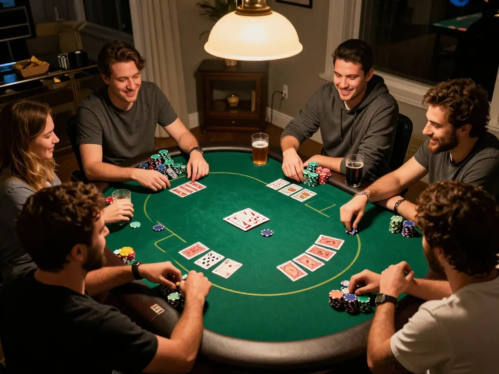 Kenzobet slot players enjoying a private poker night with chips and drinks in a friendly atmosphere.
