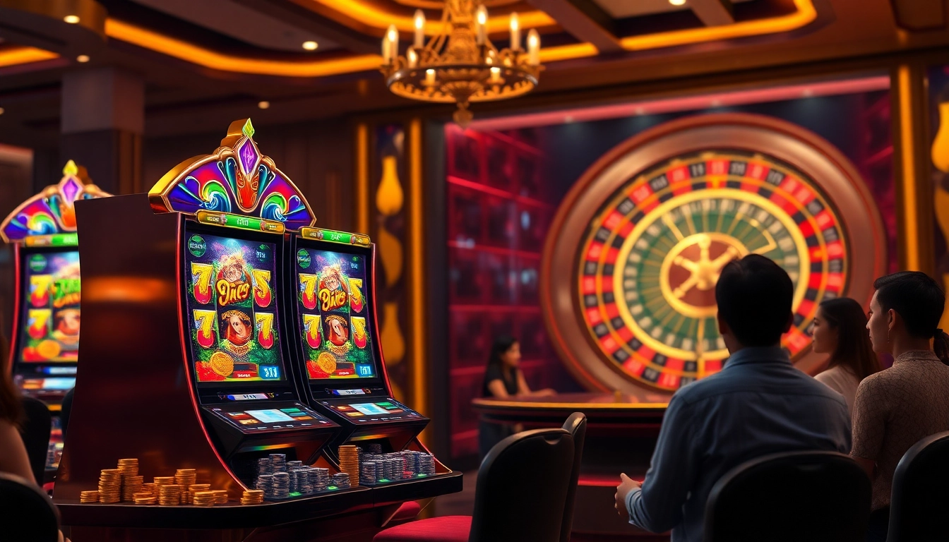 Excited players engaging with the luxurious jagoan86 slot machine in a vibrant casino setting.
