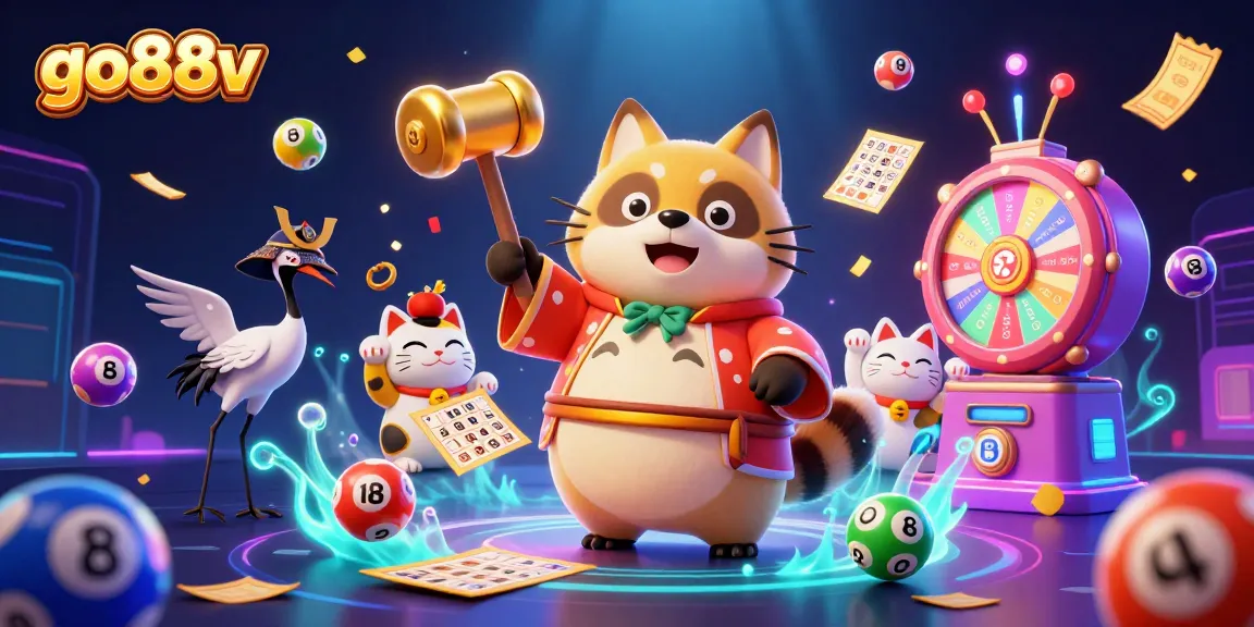 Experience your fortune with go88v's joyful tanuki and lucky symbols in a vibrant casino scene.