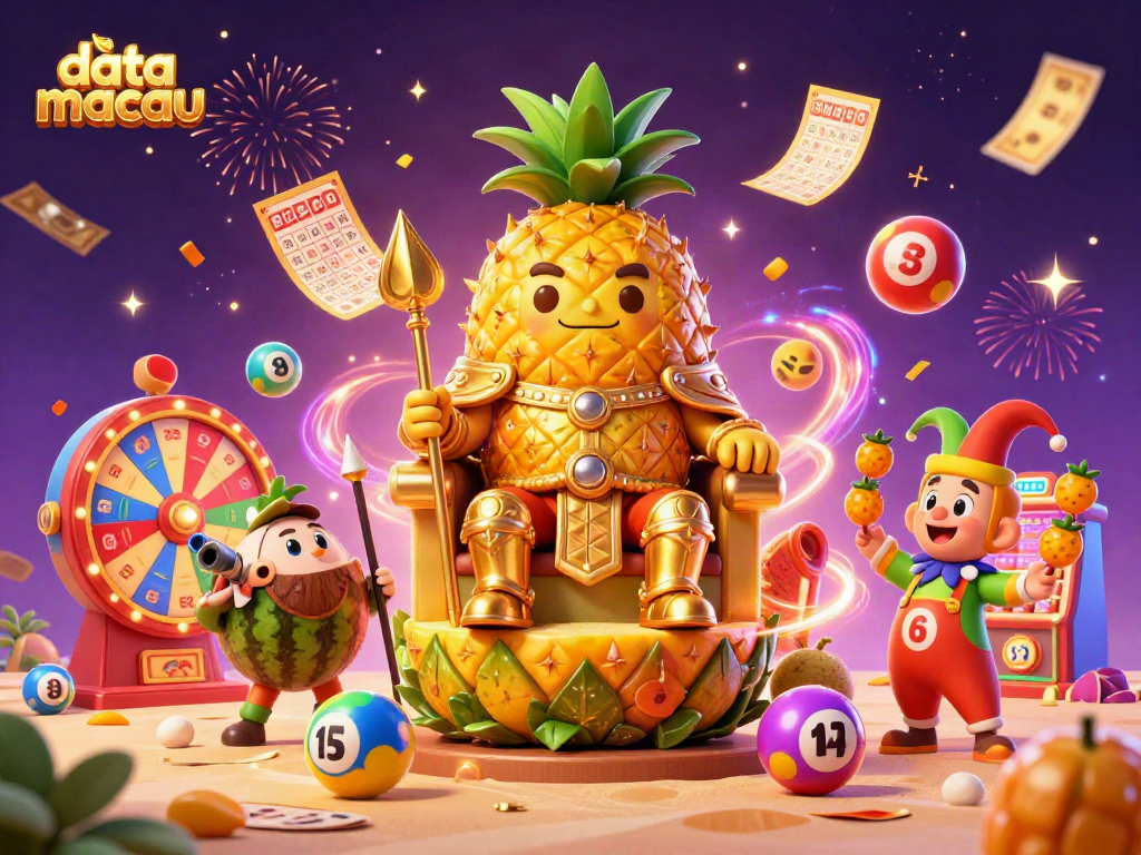 Menampilkan data macau dengan raja nanas dan elemen lotere di latar kasino pantai.