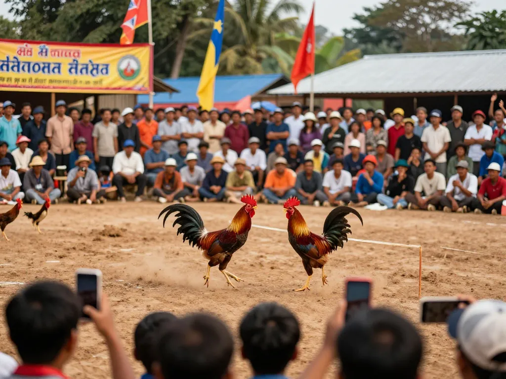 Xem đá gà Thomo trực tiếp với đám đông sôi động trong một đấu trường đá gà truyền thống ngoài trời