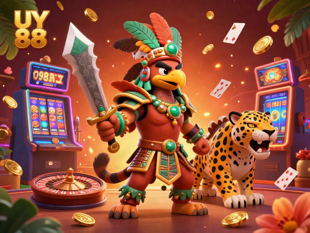 Experience the excitement of UY 88 with a vibrant casino scene featuring Aztec warriors and dynamic gaming elements.